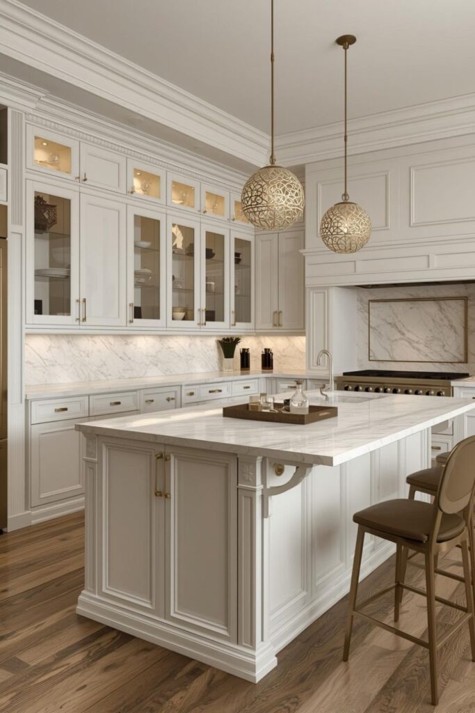 Airy L-Shape Kitchen with Ivory Cabinets and Brass Accents