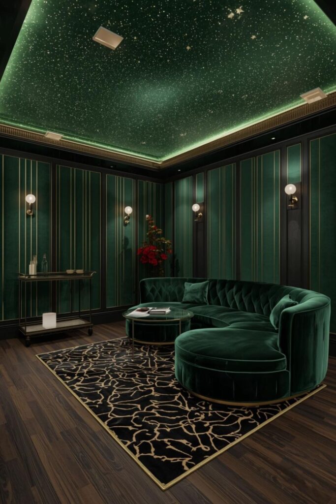 Art-Deco Inspired Theater With Emerald Velvet And Brass Lines