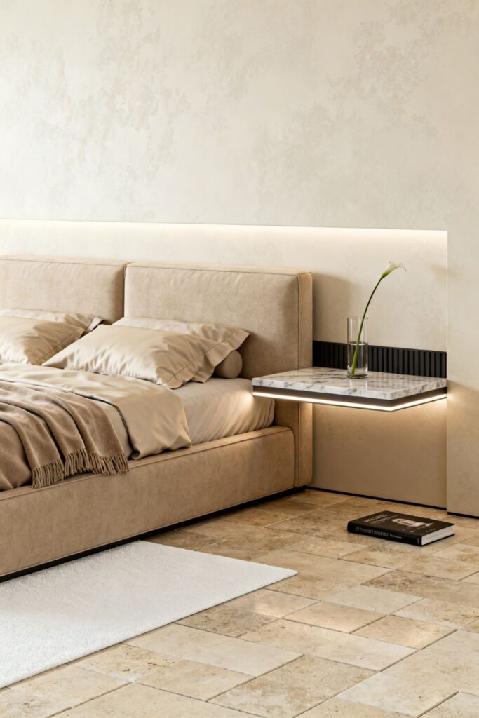 Beige Bedding With Low Marble Nightstand And LED Edge