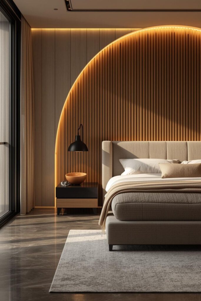 Beige Bouclé Bed with Curved LED Accent and Oak Slats