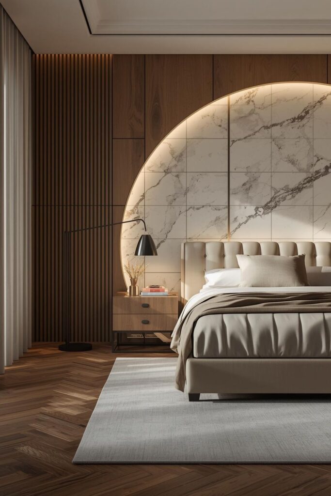 Beige Channel-Tufted Bed with Curved LED Marble Slab Wall