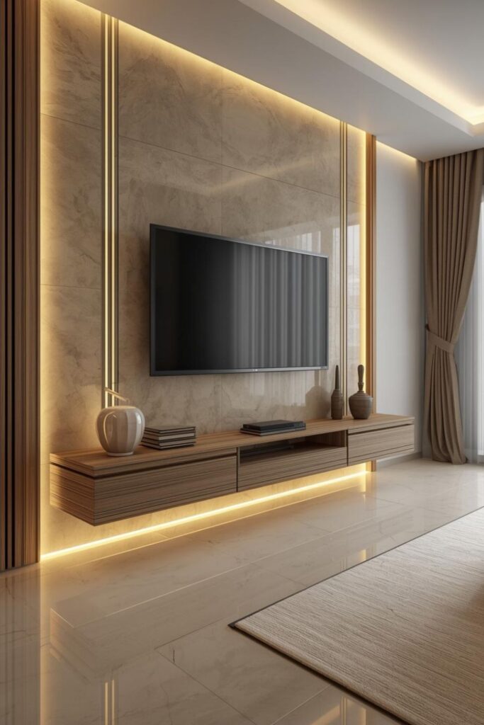 Beige Marble Slab TV Wall With Warm Floating Console