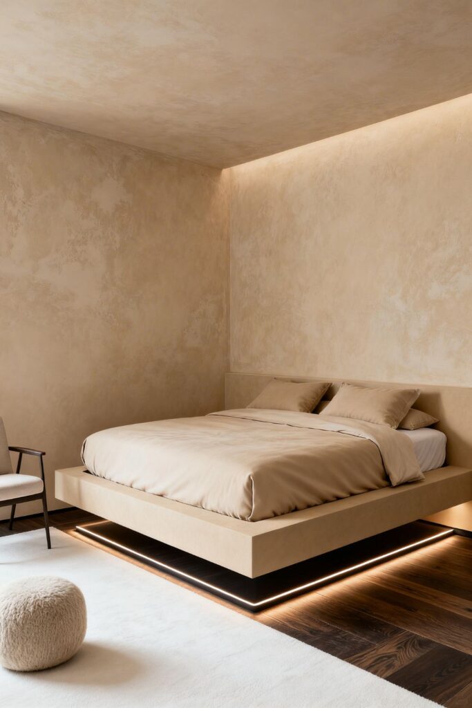 Beige Room With Dark LED Toe-Kick Under Floating Bed Frame