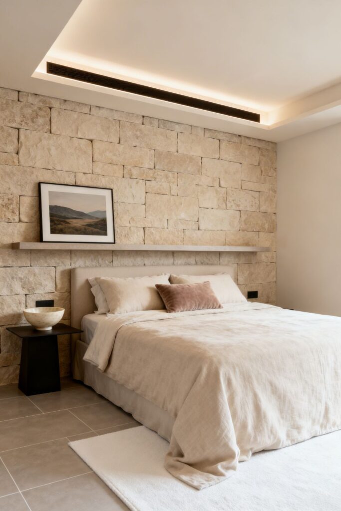 Beige Stone Accent Wall With Dark LED Cove And Floating Shelf