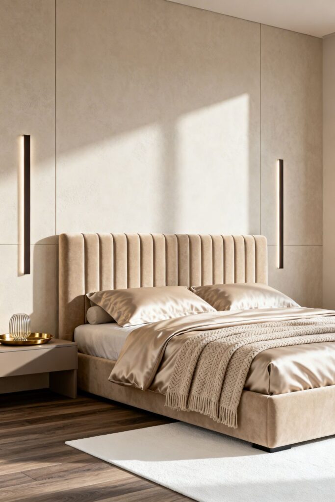 Beige Velvet Headboard With Vertical LED Channels For Height
