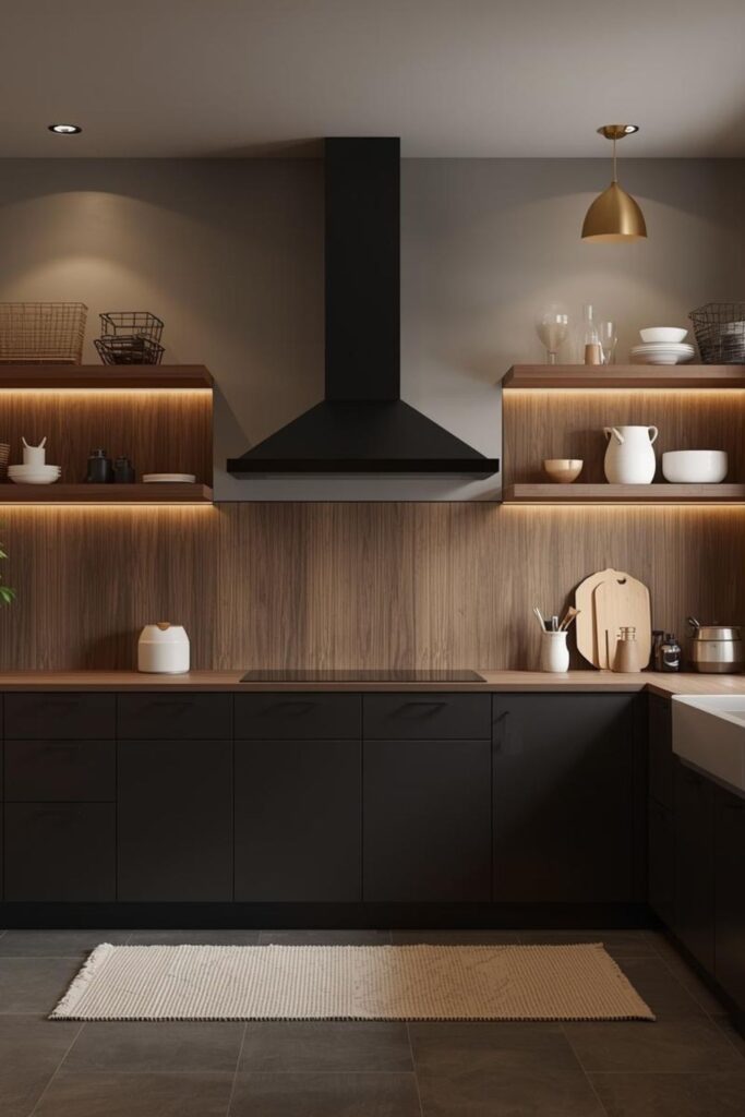 Black Cabinet Hardware Emphasis With Walnut And Golden Pendant Pair