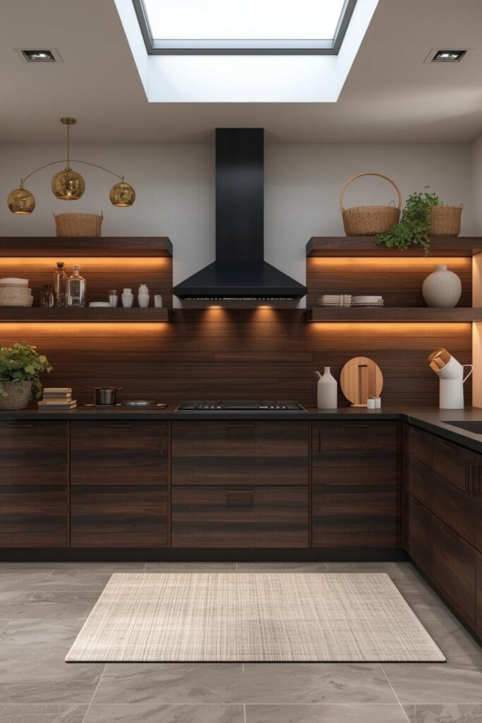 Black Cabinet Texture With Walnut And Soft Champagne Lighting