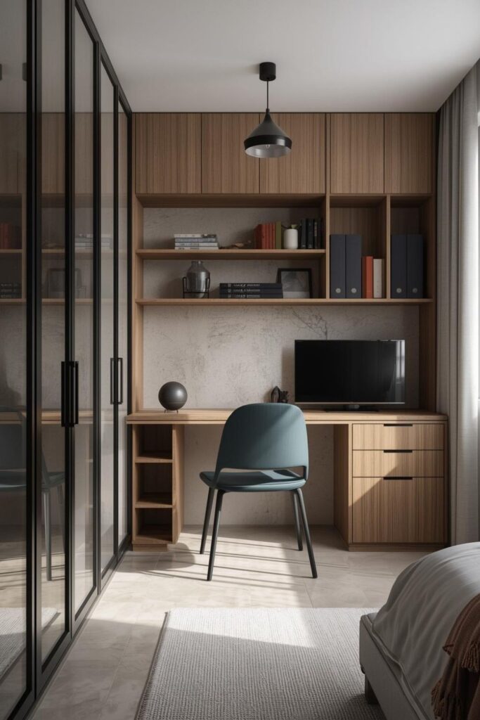 Black-Framed Glass Wardrobe with Built-In Desk and Shelves