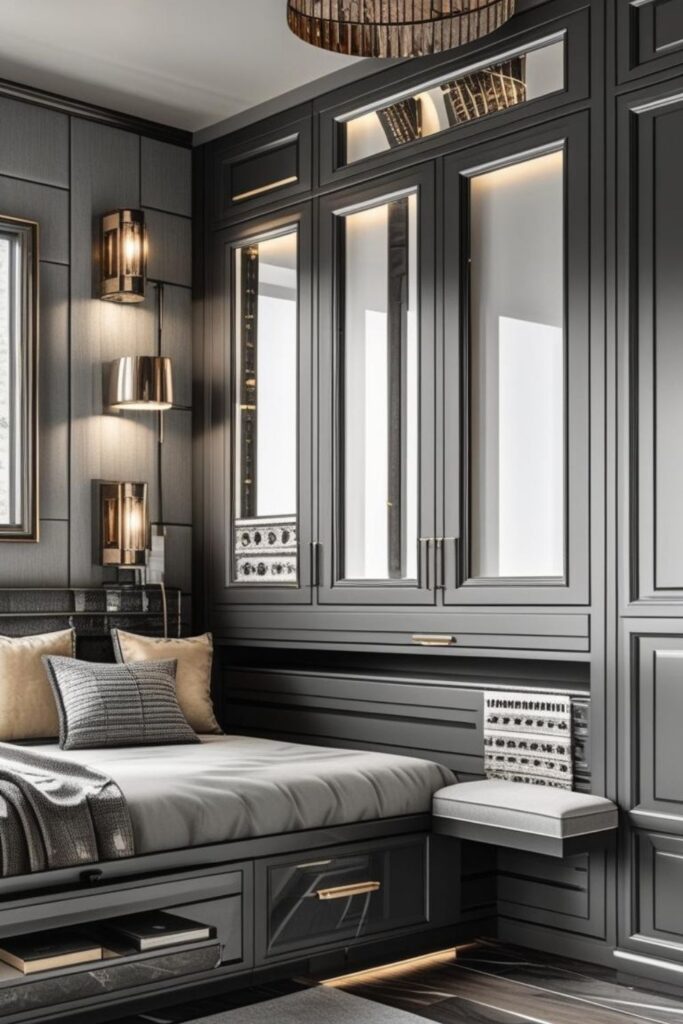 Black Oak Wardrobe Grid with Smoked Glass Doors and Luxe Bedding