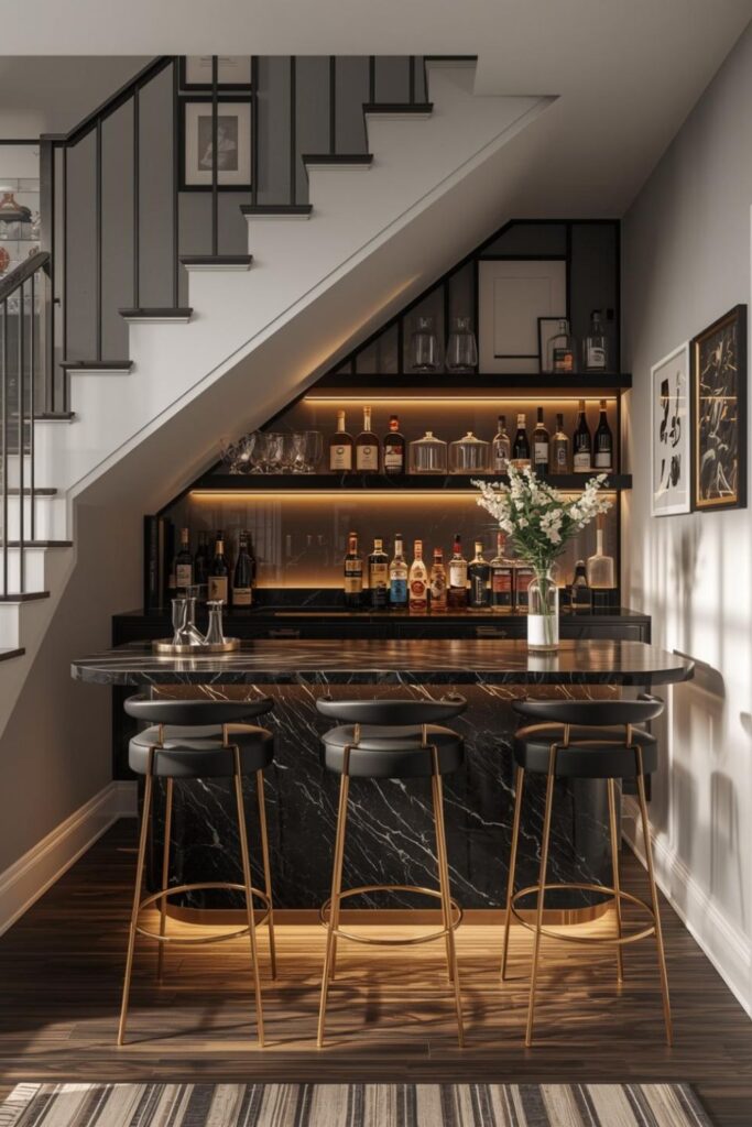 Black and Gold Under-Stairs Bar with Daylight Marble Shine