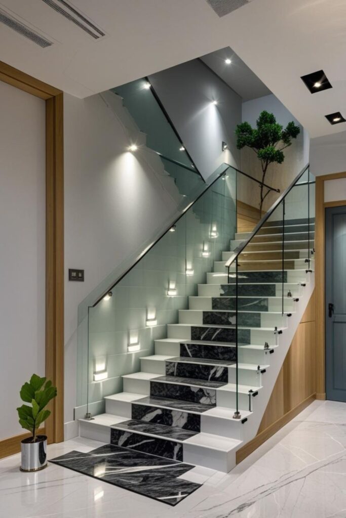 Black-and-White Checker Stair Tiles with Minimal Glass Railing