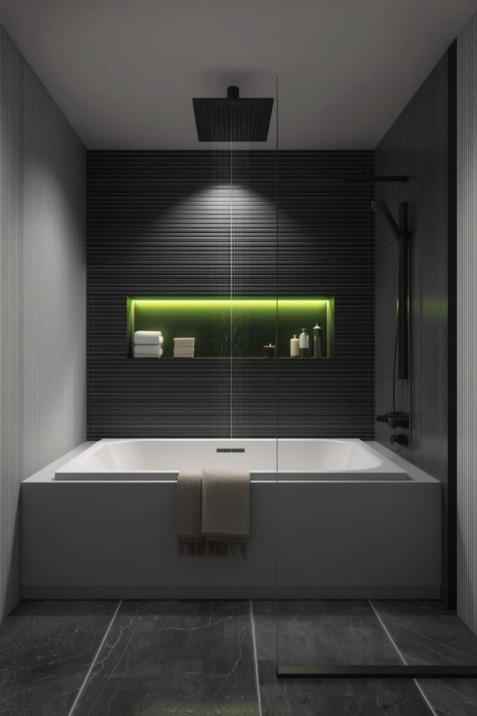 Black-and-White Linear Tile Combo with Neon Green LED Niche