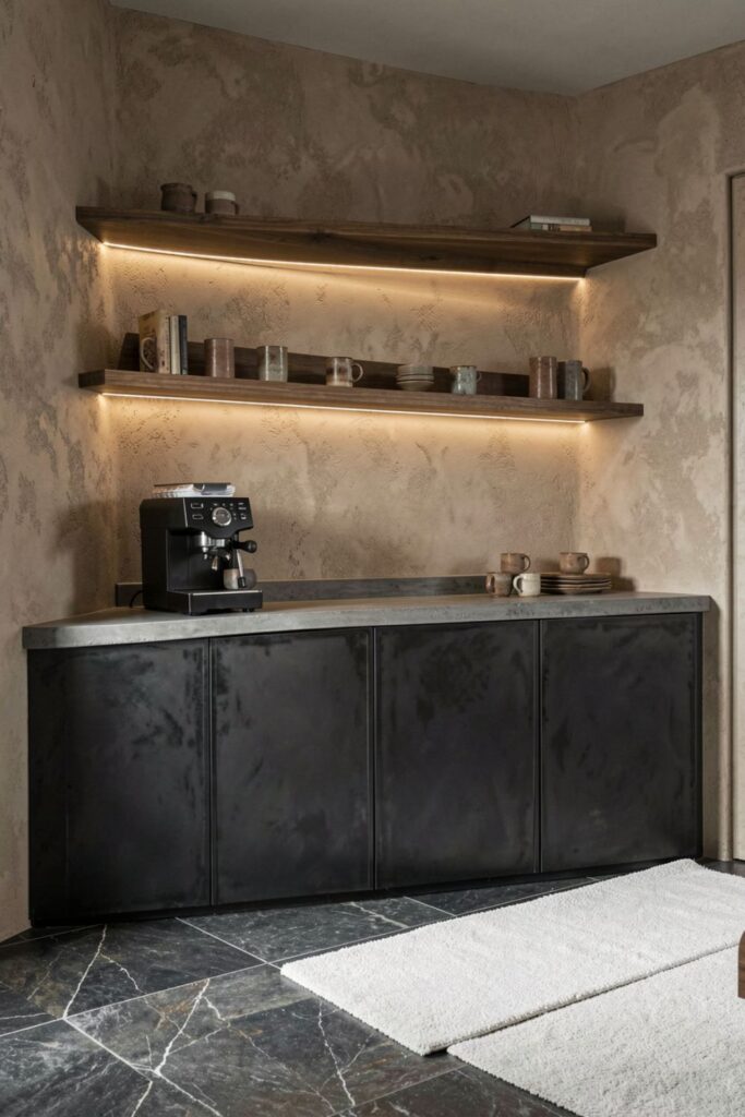 Blackened Steel + Concrete Kitchen with Shelf-Edge LEDs
