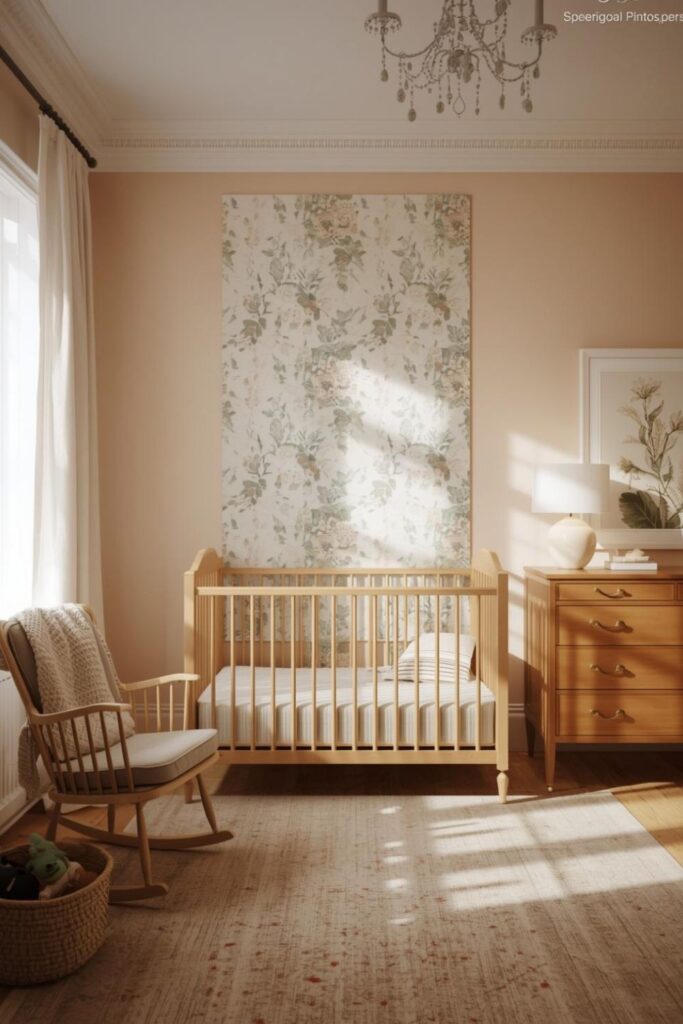 Blush Floral Vintage Nursery With Honey Wood Crib Warmth
