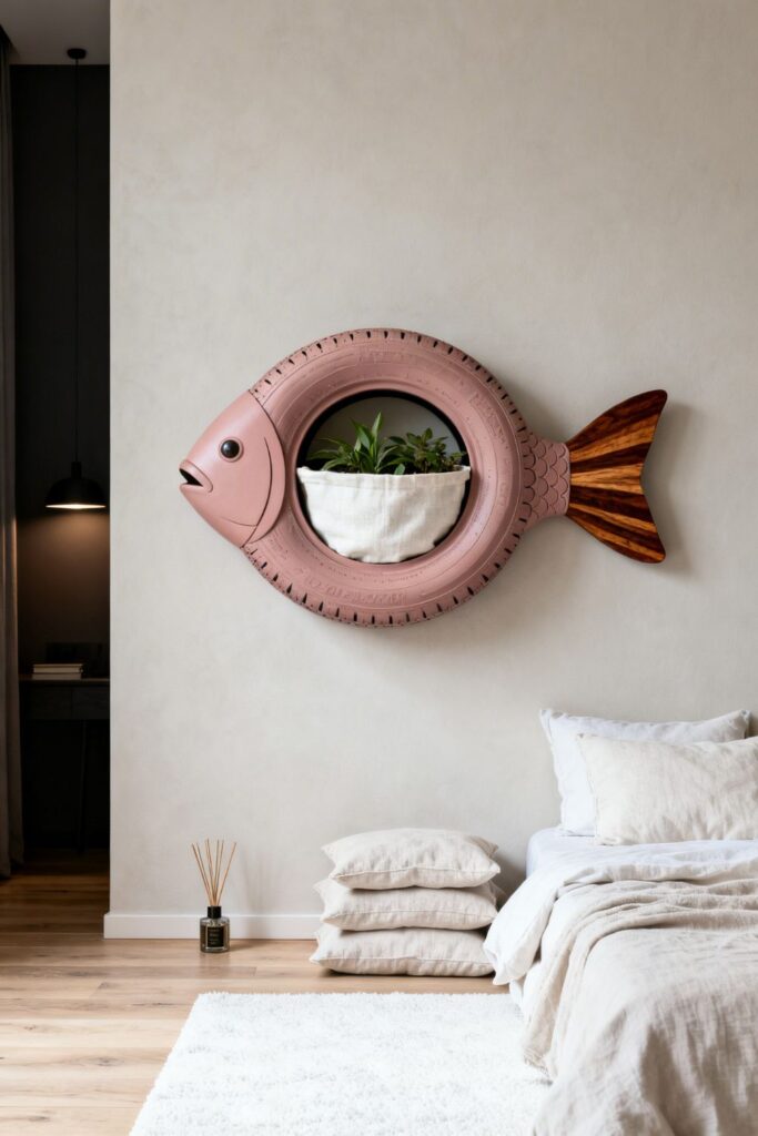 Blush and Walnut Tire Fish Planter for Soft Modern Bedroom