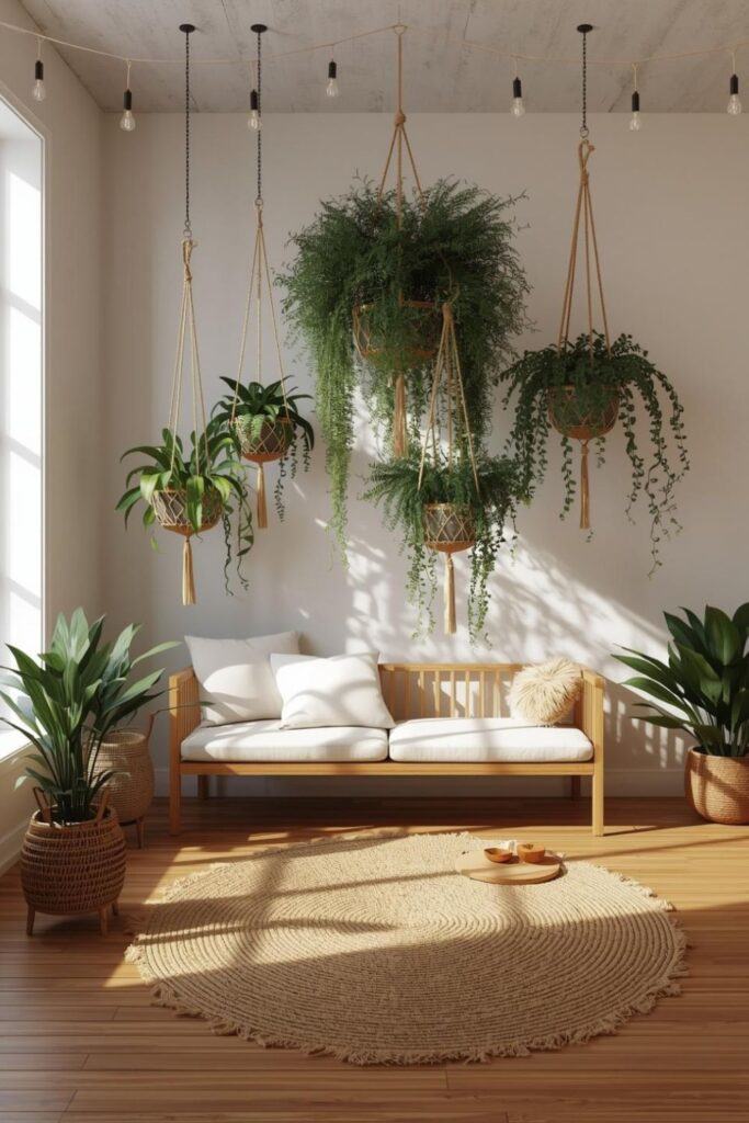 Boho Plant Room with Macrame Hangers and Layered Jute Rugs