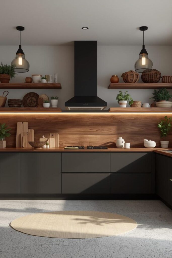 Botanical Shelf Styling With Walnut Backsplash And Black Drama