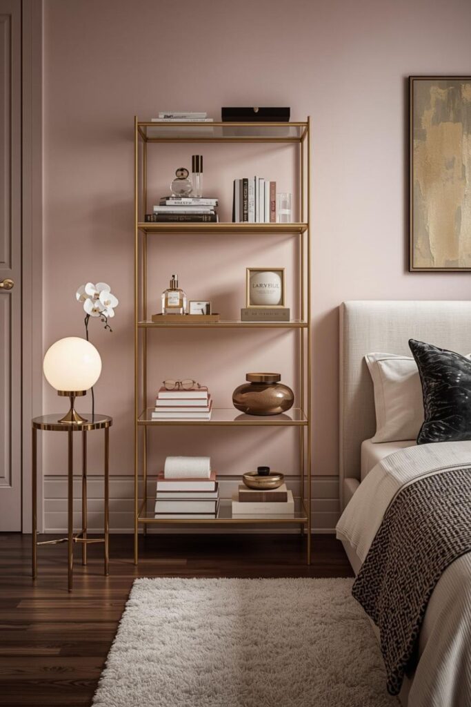 Brass-and-Glass Shelving Unit for Glam Bedroom Display Storage