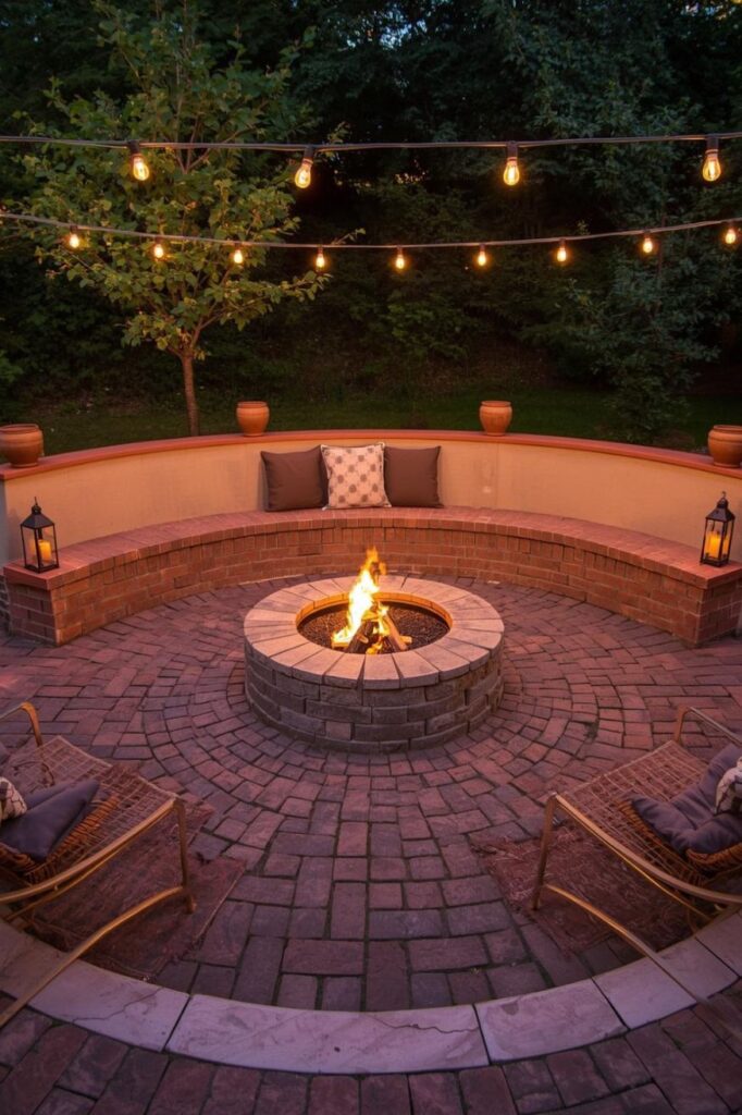 Brick Patio Circle With Built-In Curved Seat Wall