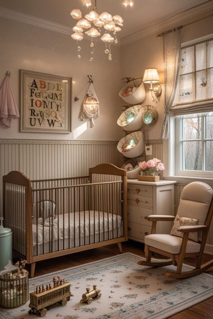 Buttercream Nursery With Vintage Rocker and Woven Storage Wall