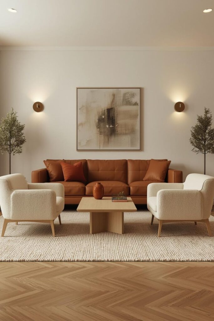 Caramel Sofa With Twin Bouclé Chairs and Brass Sconces