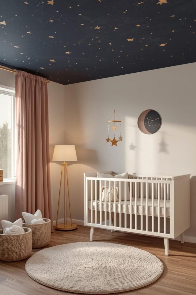 Celestial Nursery With Midnight Blue Ceiling and Starry Mobile