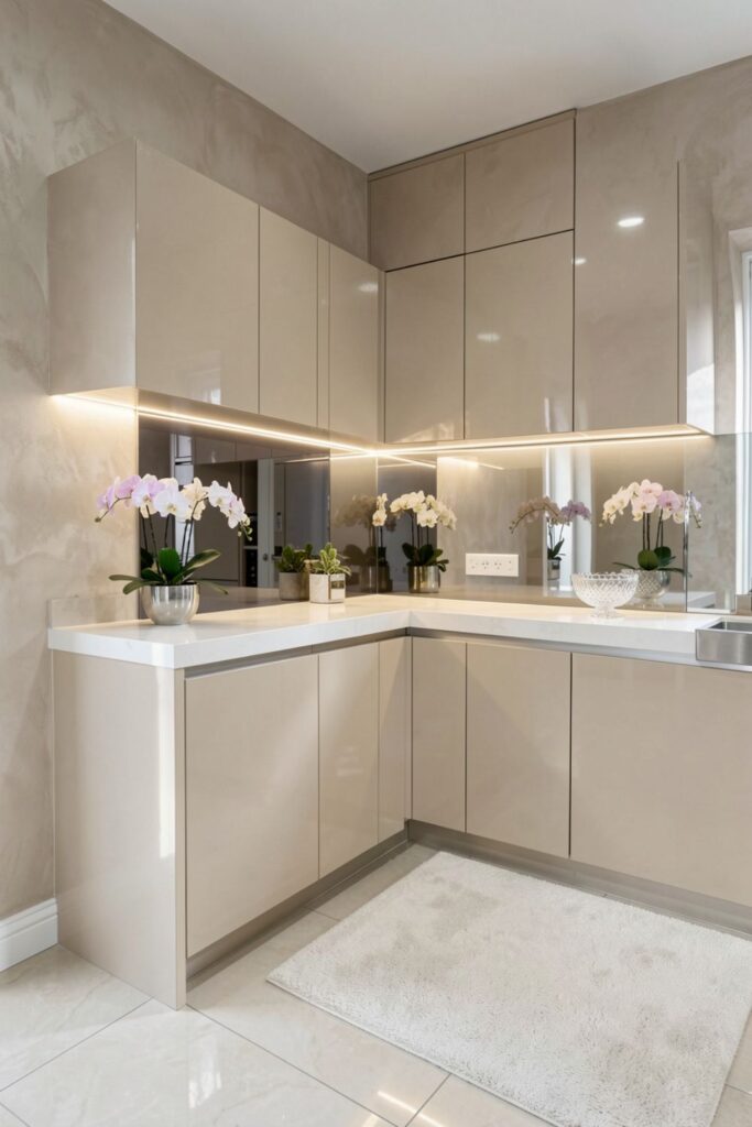 Champagne Beige Gloss Cabinets with LED Mirror Backsplash