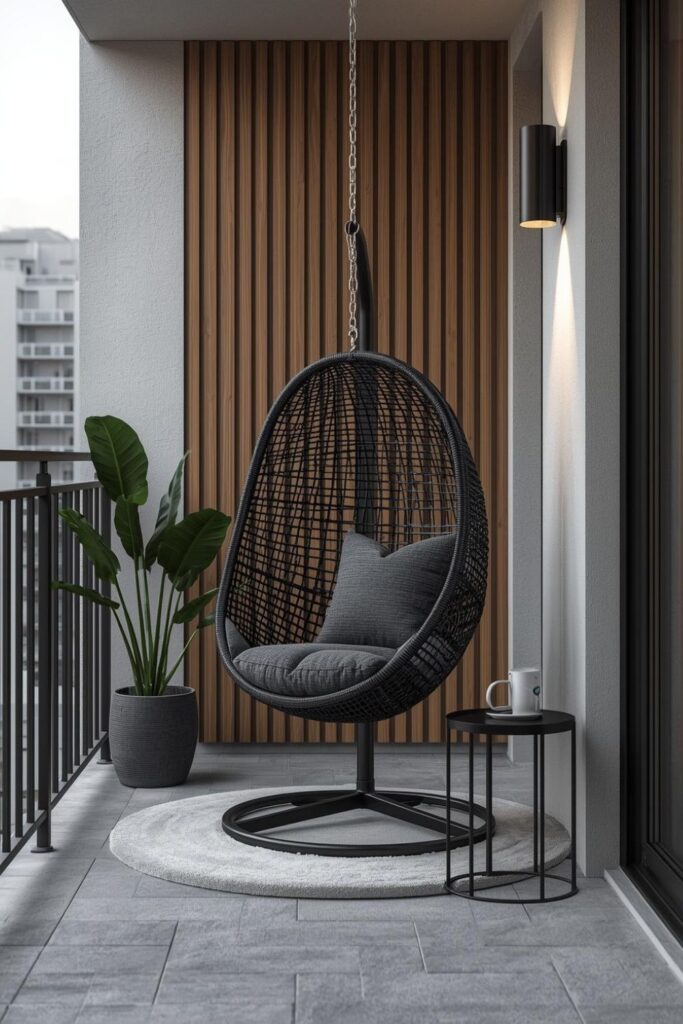 Charcoal Bouclé Egg Chair with Acoustic Panel Wall Detail