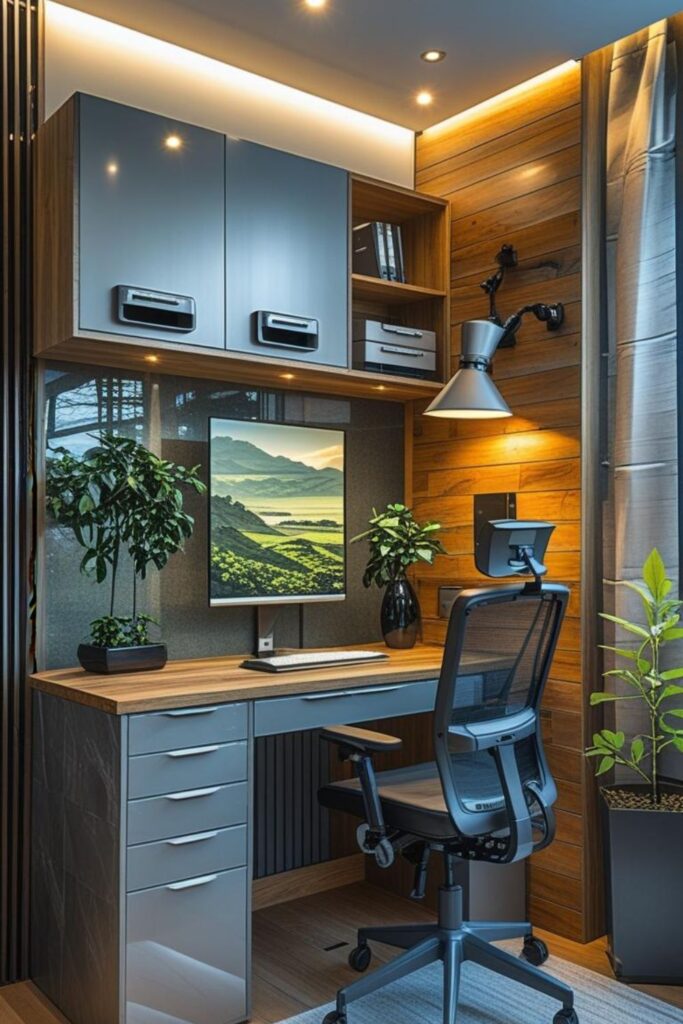 Charcoal Built-In Desk Wall With Matte Black Storage Cabinets