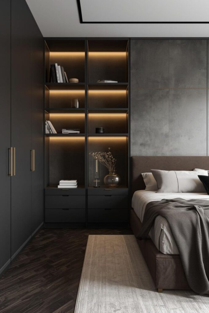 Charcoal Built-In Wardrobe with Brass Accents and Side Shelving