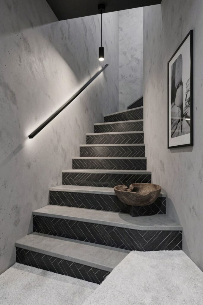 Charcoal Herringbone Tile Risers with Smooth Concrete Treads