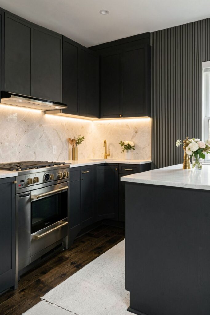 Charcoal +Polished metal Kitchen with LED-Lit Quartzite Backsplash