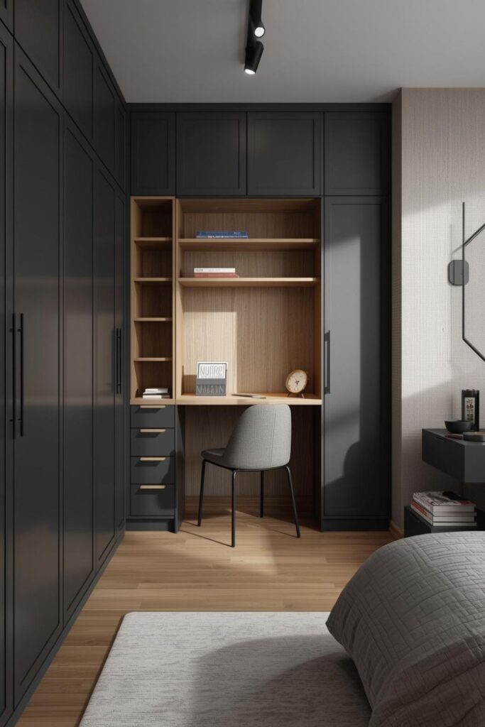Charcoal Wardrobe Built-In with Oak Desk Niche