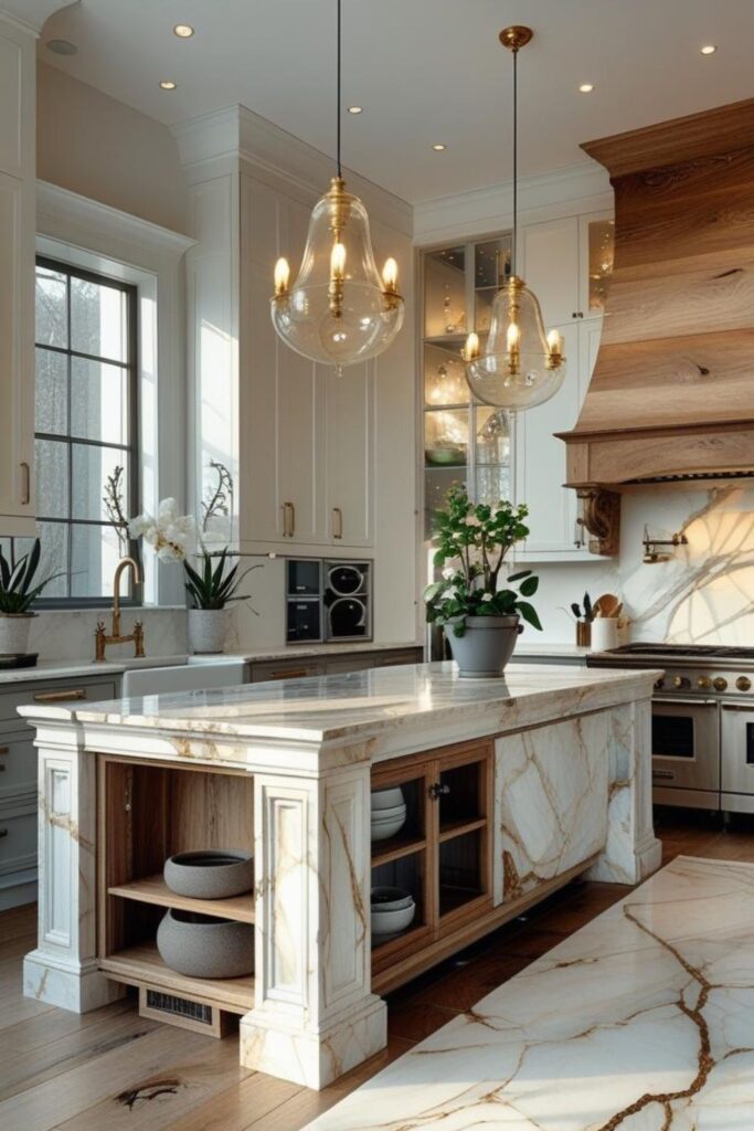 Classic Elegant Kitchen With Charcoal Grey Island and Marble Veins