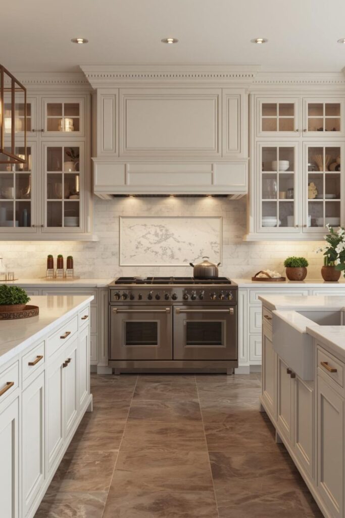 Classic-Modern Kitchen with Beige Whites and Antique Gold Touches