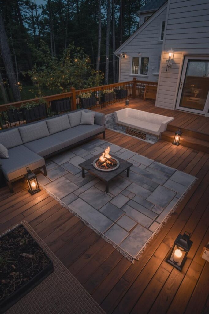 Classic Split-Level Deck With Fire Pit and Built-In Bench