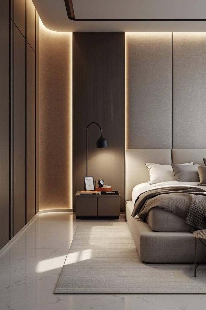 Clean Panel Bed with Steel-Trim Curved LED Accent Wall