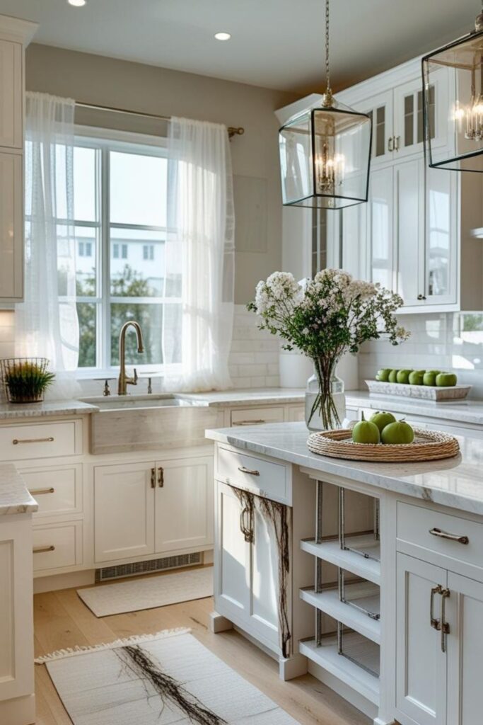 Coastal Airy Kitchen With Misty Grey Island and Glass Lanterns