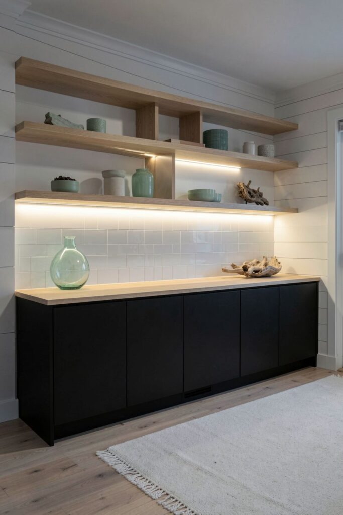 Coastal Black-and-Maple Kitchen with LED Under-Shelf Glow