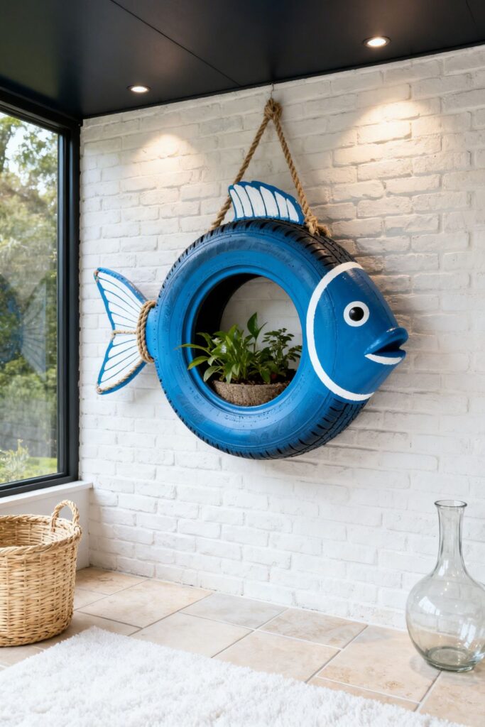 Coastal Blue Tire Fish Planter Above White Brick TextureCoastal Blue Tire Fish Planter Above White Brick Texture