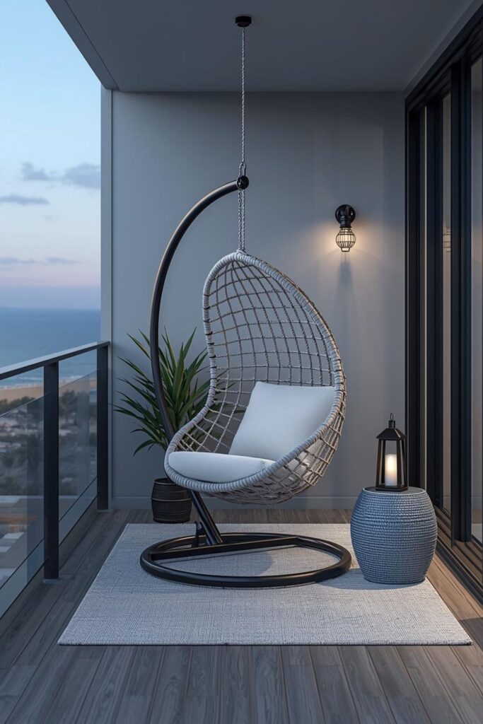 Coastal Gray Rope Egg Chair with Blue Ceramic Accent