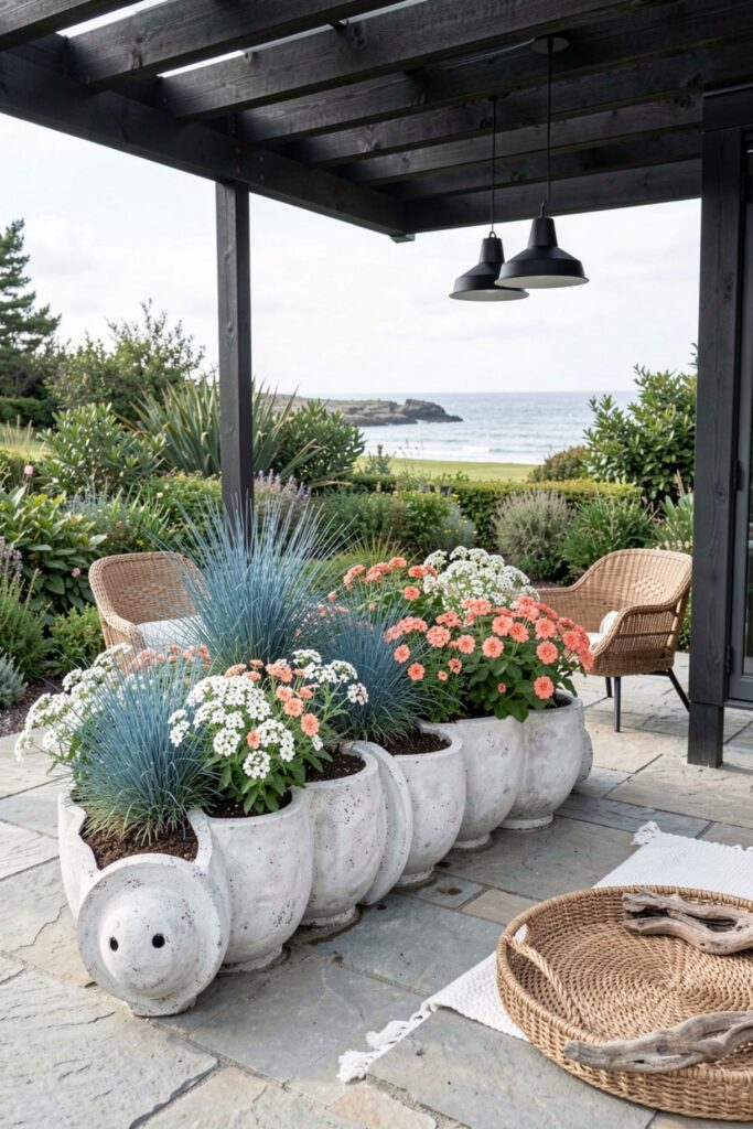 Coastal Patio Look with Whitewashed Caterpillar Planter and Grasses