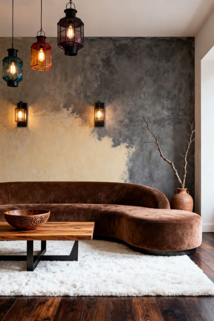 Cocoa Suede Sofa With Basalt Accent Wall and Lantern Sconces