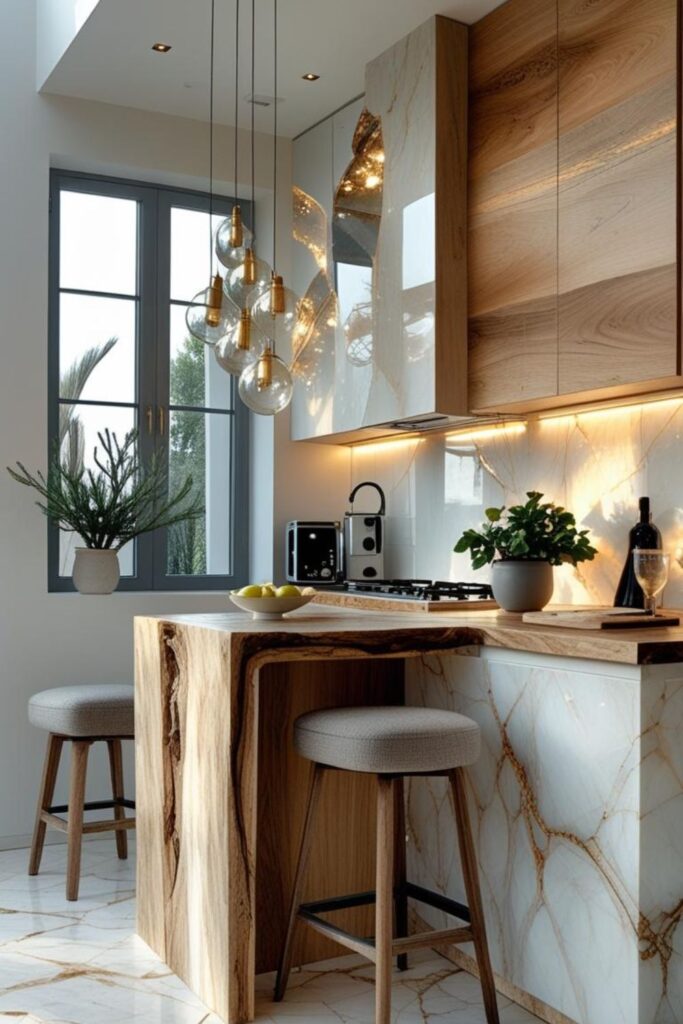 Compact L-Shaped Kitchen With Slim Grey Island Seating