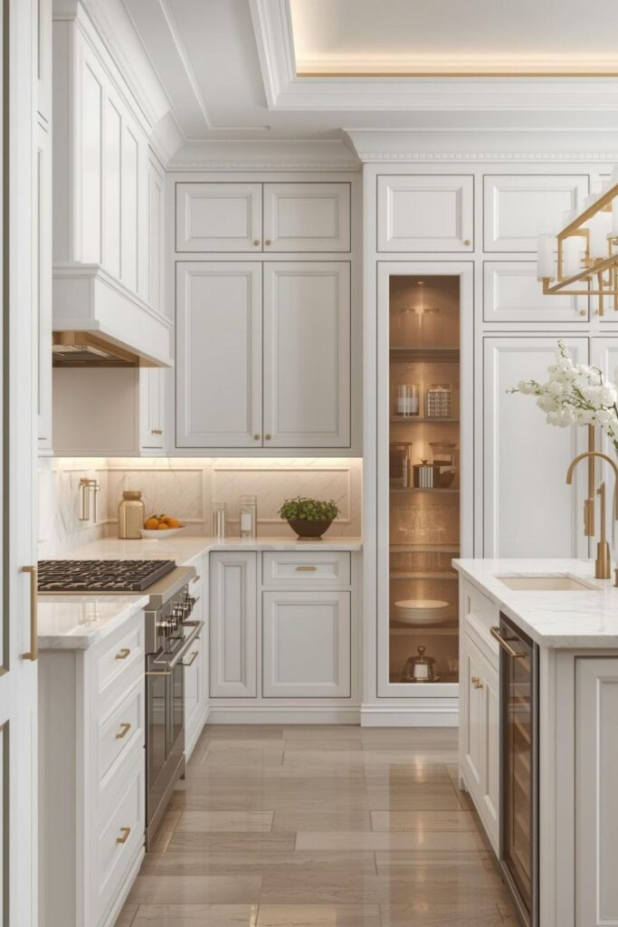 Compact Luxury Kitchen with Tall Glass Pantry and Gold Hardware