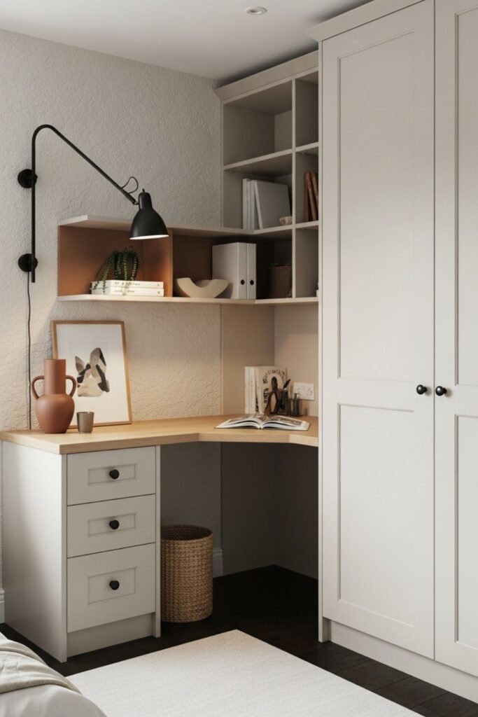 Compact Small Bedroom with Built-In Corner Desk, Wardrobe, and Adjustable Shelving