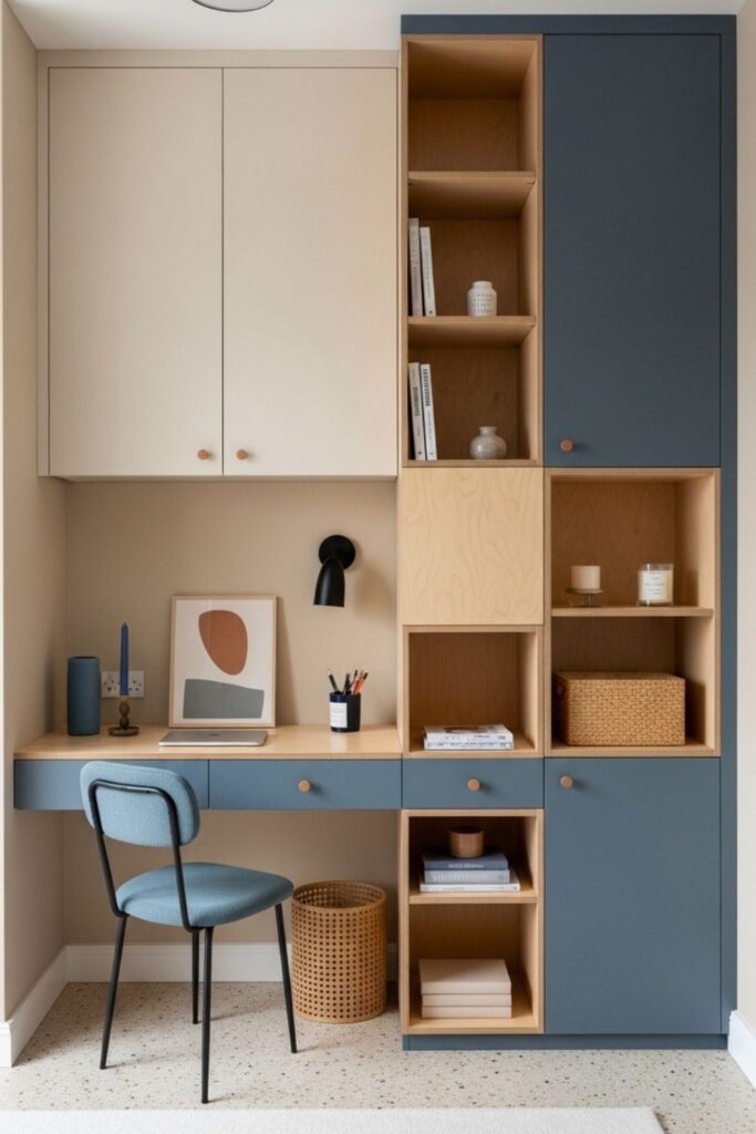 Compact Small Bedroom with Built-In Desk Wall, Wardrobe and Open Cube Shelving