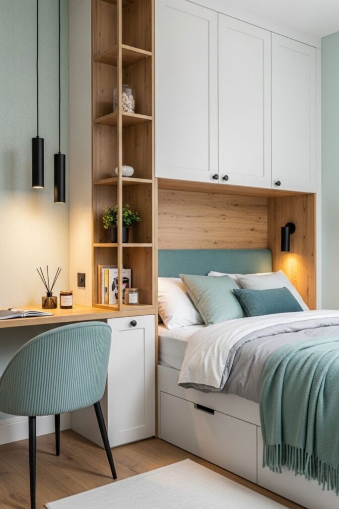 Compact Small Bedroom with Built-In Desk, Wardrobe and Over-Bed Storage Cabinets
