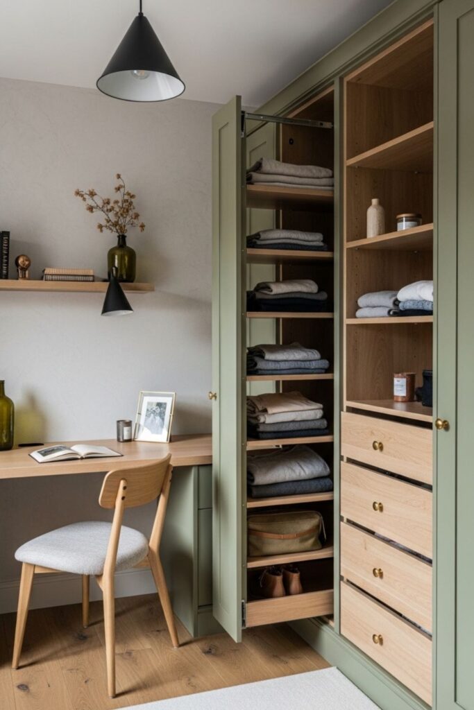 Compact Small Bedroom with Built-In Desk, Wardrobe, and Pull-Out Pantry-Style Shelves