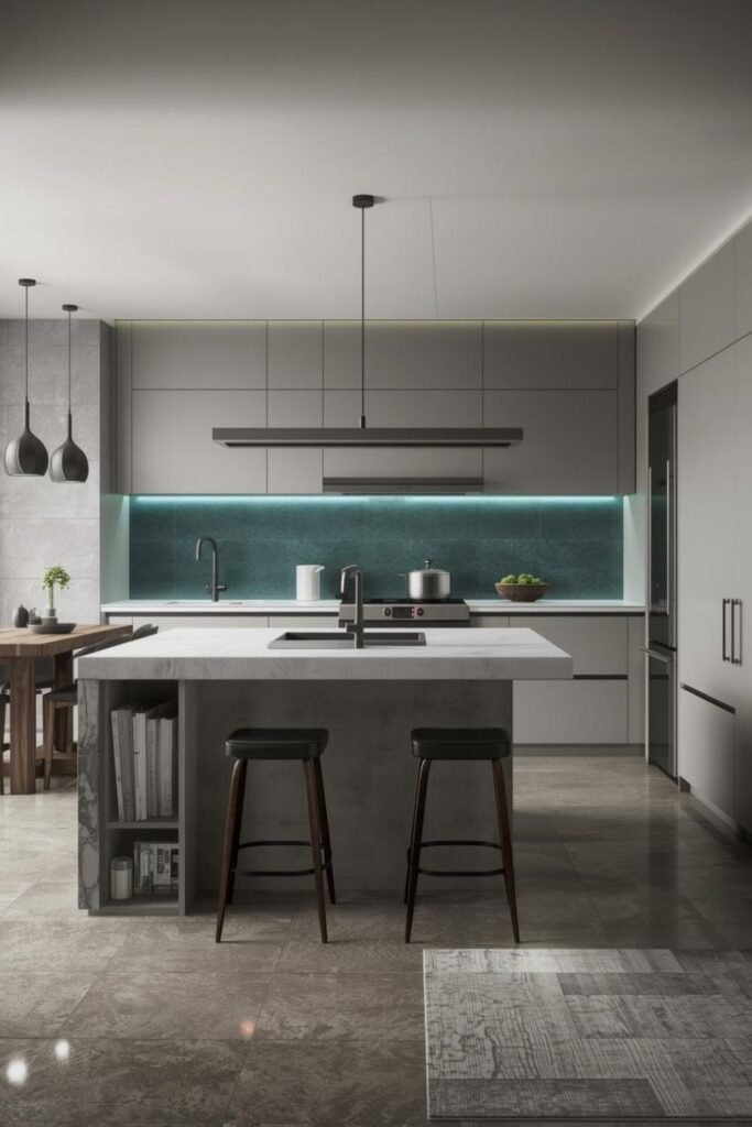 Concrete-Look Melamine Kitchen with Stainless Sink Island Edge